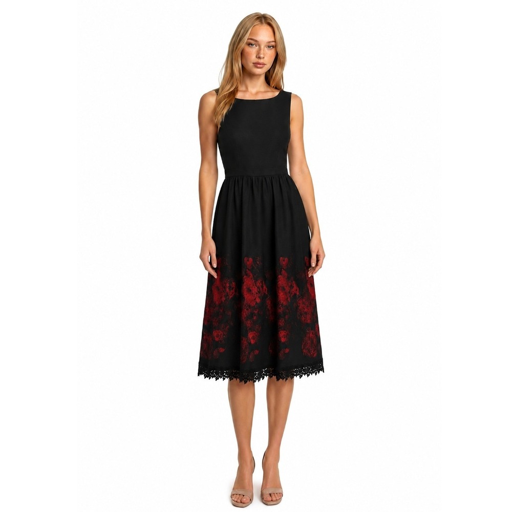 Cynthia Steffe Midi Dress Women's Size 6 Black Red Floral Brocade Lace Cocktail